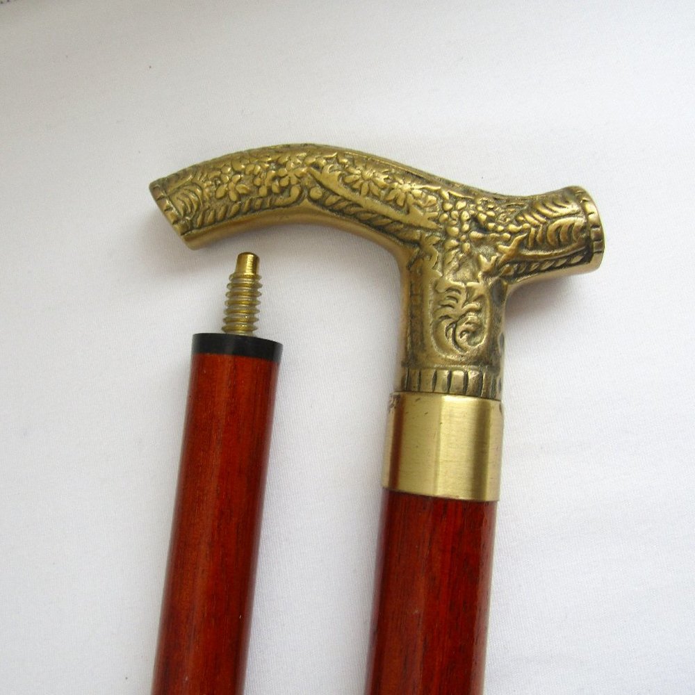 Vintage Wood & Brass Walking Cane, Stick, Two Section / Break Down - Threaded